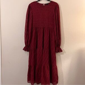 August Sky Maroon Textured Smocked Midi Dress – Size M – Long Sleeve